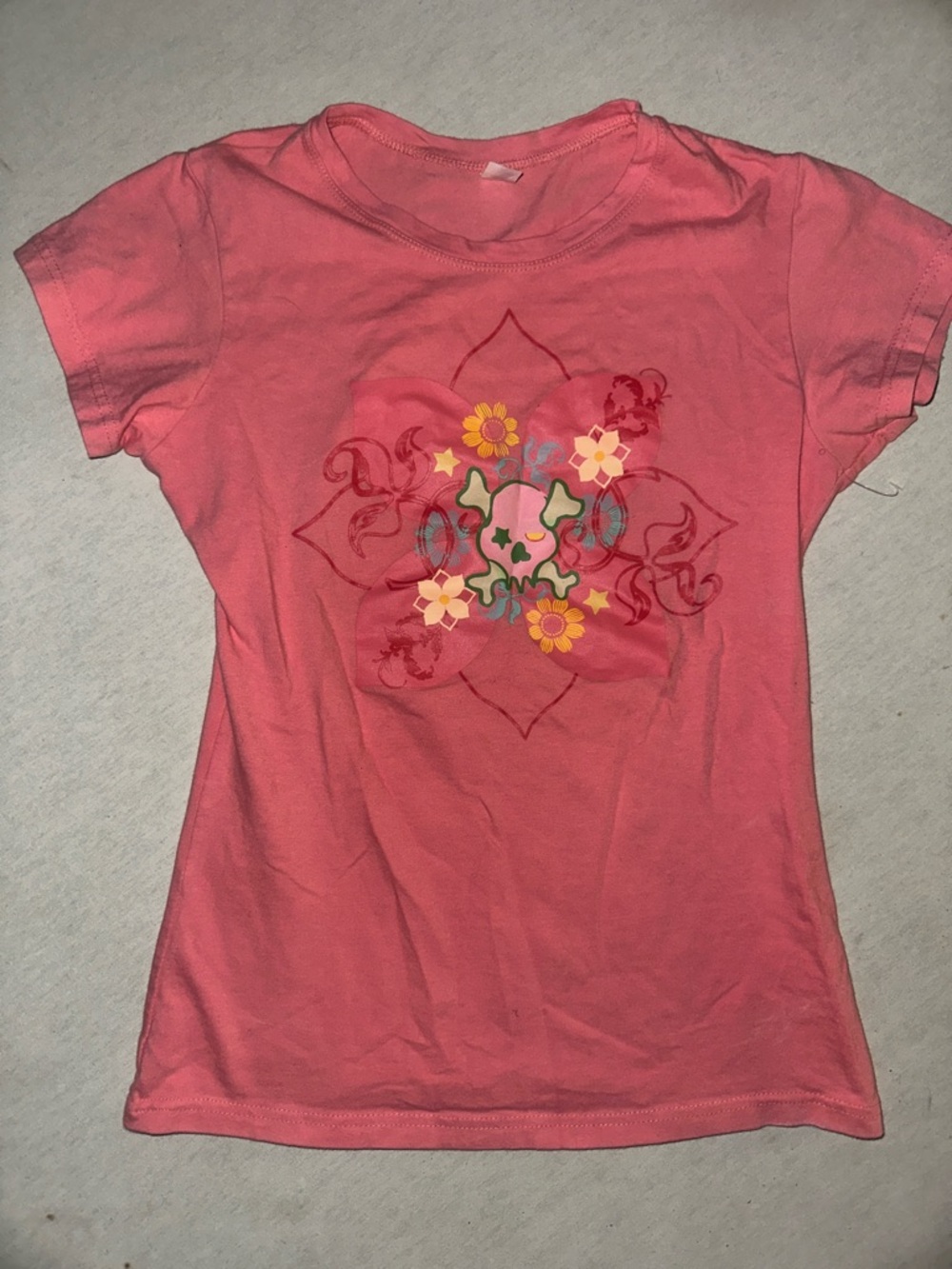 Womens Size M Pink Floral Skull Graphic Tee